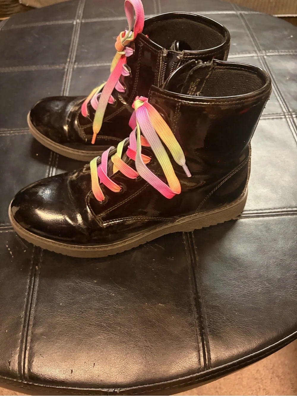 The Children's Place Black Patent Ankle Boots with Rainbow Laces